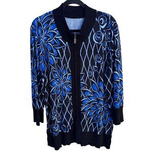 Bob Mackie Vintage Womens Floral Black/Blue Knit 3/4 Sleeve Cardigan Sweater M